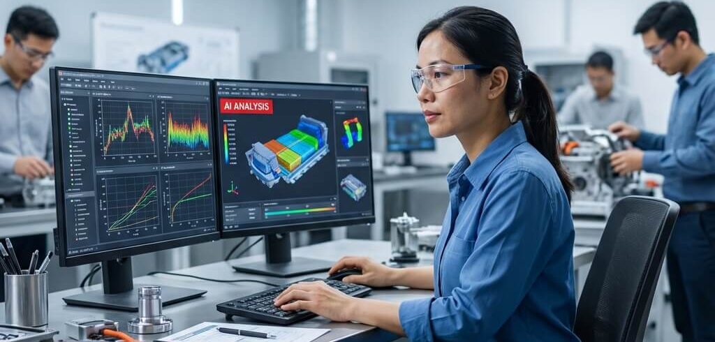 Vietnamese engineers collaborating at an AI-enhanced automotive workstation with centered 1:1 composition and hyperrealistic detail.