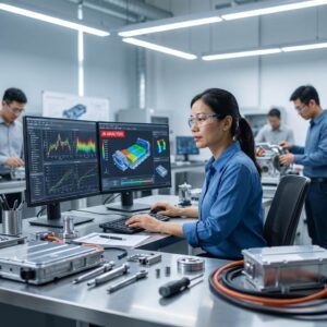 Vietnamese engineers collaborating at an AI-enhanced automotive workstation with centered 1:1 composition and hyperrealistic detail.