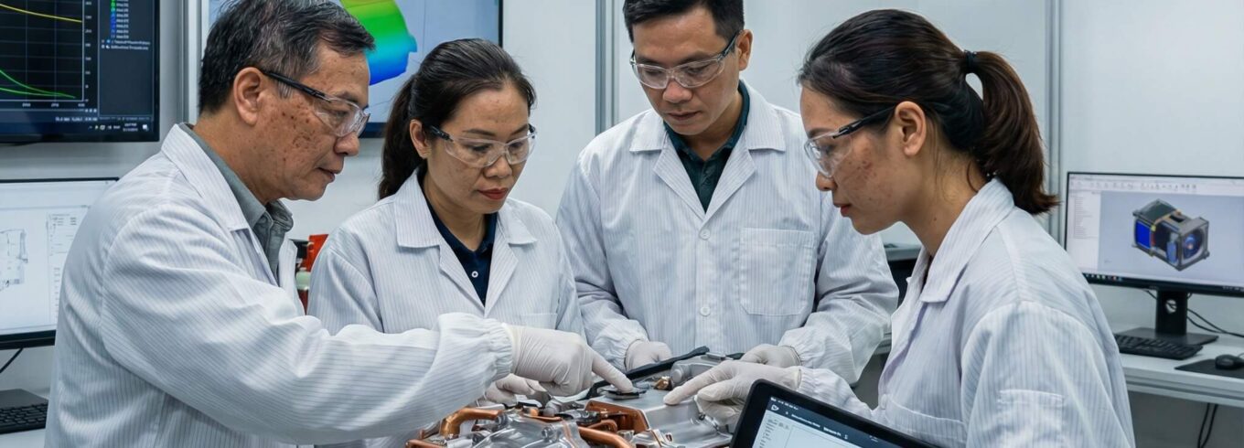 Square teaser showing Vietnamese engineers collaborating in an automotive R&D lab with realistic lighting and centered 1:1 composition.