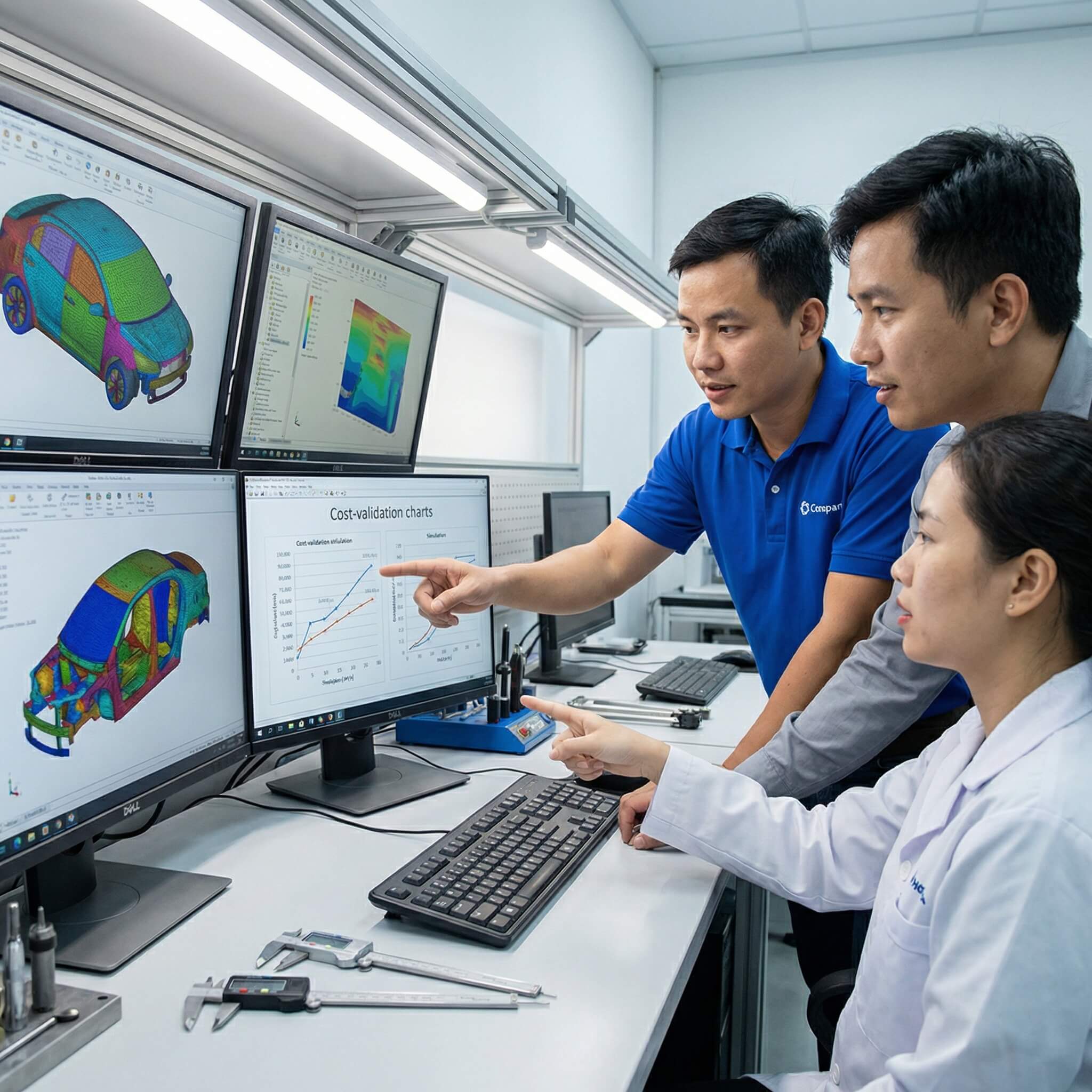 Square teaser image of a Vietnamese engineering team running cost‑efficient automotive simulations on CAD workstations in a modern lab.